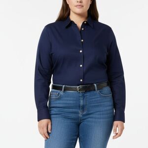 Ralph Lauren 100% Linen Navy Blue Long Sleeve Button Up Top Shirt Blouse 1X Plus